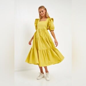 English Factory Square Neck Ruffle Smocked Detail Midi Dress Yellow Lime